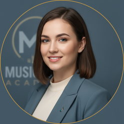 Circular portrait of Elena V., a young woman with a confident smile, against a softly lit slate blue background.