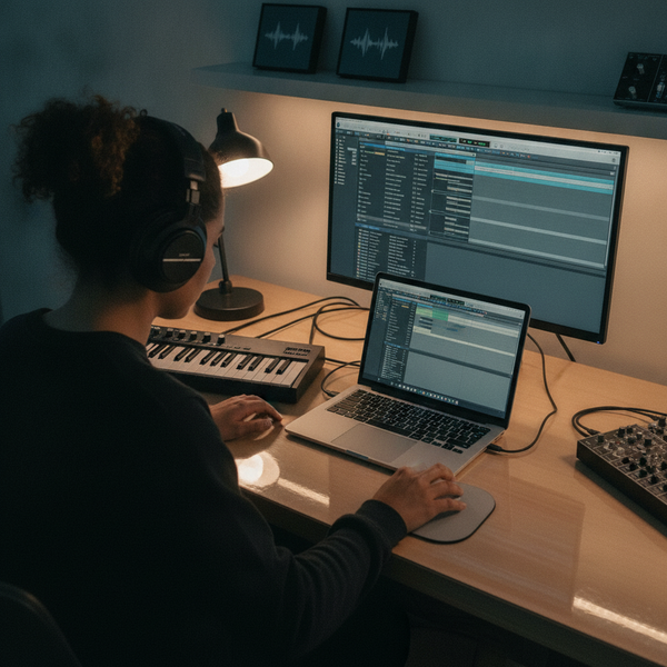 A music producer works on a laptop with headphones and a MIDI keyboard, demonstrating a structured workflow.