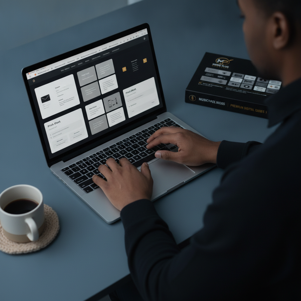Hands efficiently navigate digital marketing templates on a laptop, with Music Plug Academy digital guides in the background.