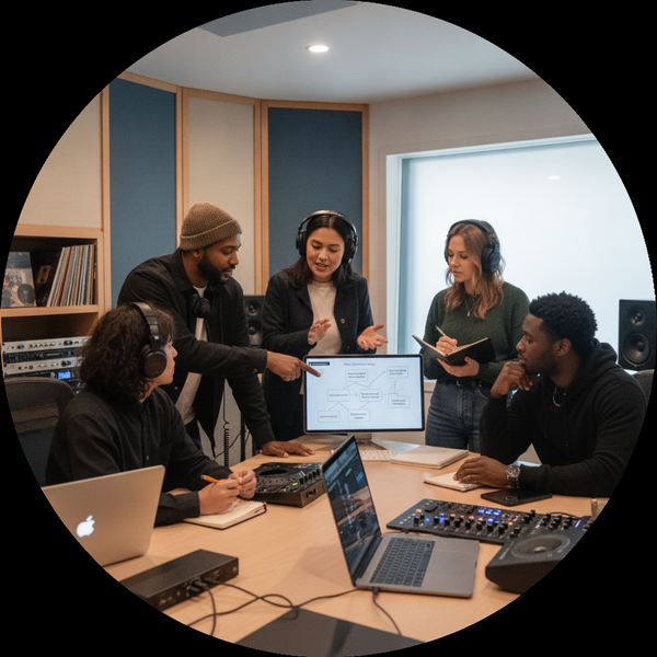 Diverse music creators in a modern studio discuss digital income strategies like sync licensing and brand partnerships.
