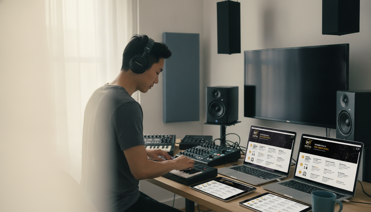 A music producer or DJ working in a modern home studio, with a collection of sleek digital guides displayed on tablets on the