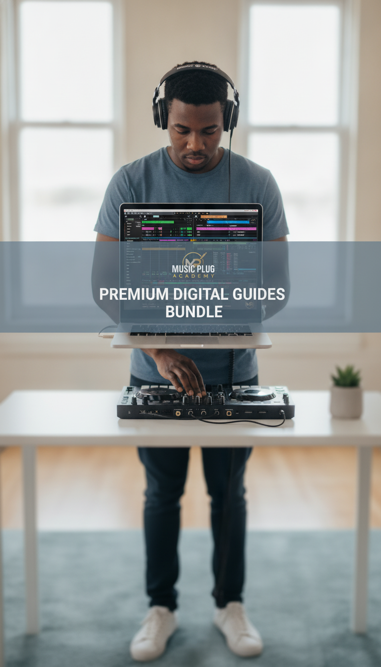 A young male DJ wearing headphones, focused on a laptop in a modern studio, with the Music Plug Academy Premium Digital Guide