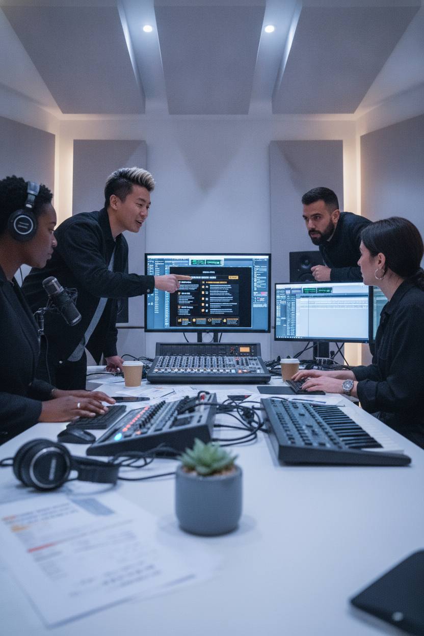 Diverse music producers collaborate in a modern studio, with the Music Plug Academy Premium Digital Guides Bundle displayed o