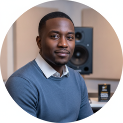 Circular portrait of K-Tech, a music producer, looking confidently at the camera, with a soft-focus studio background.