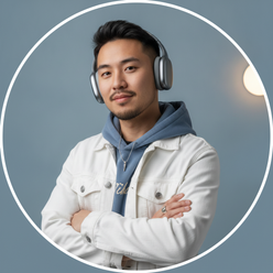 Circular portrait of Julian Jax, a young male music producer, smiling confidently.