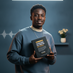 Portrait of D-Major smiling, holding the Music Plug Academy Premium Digital Guides Bundle against a slate blue background.
